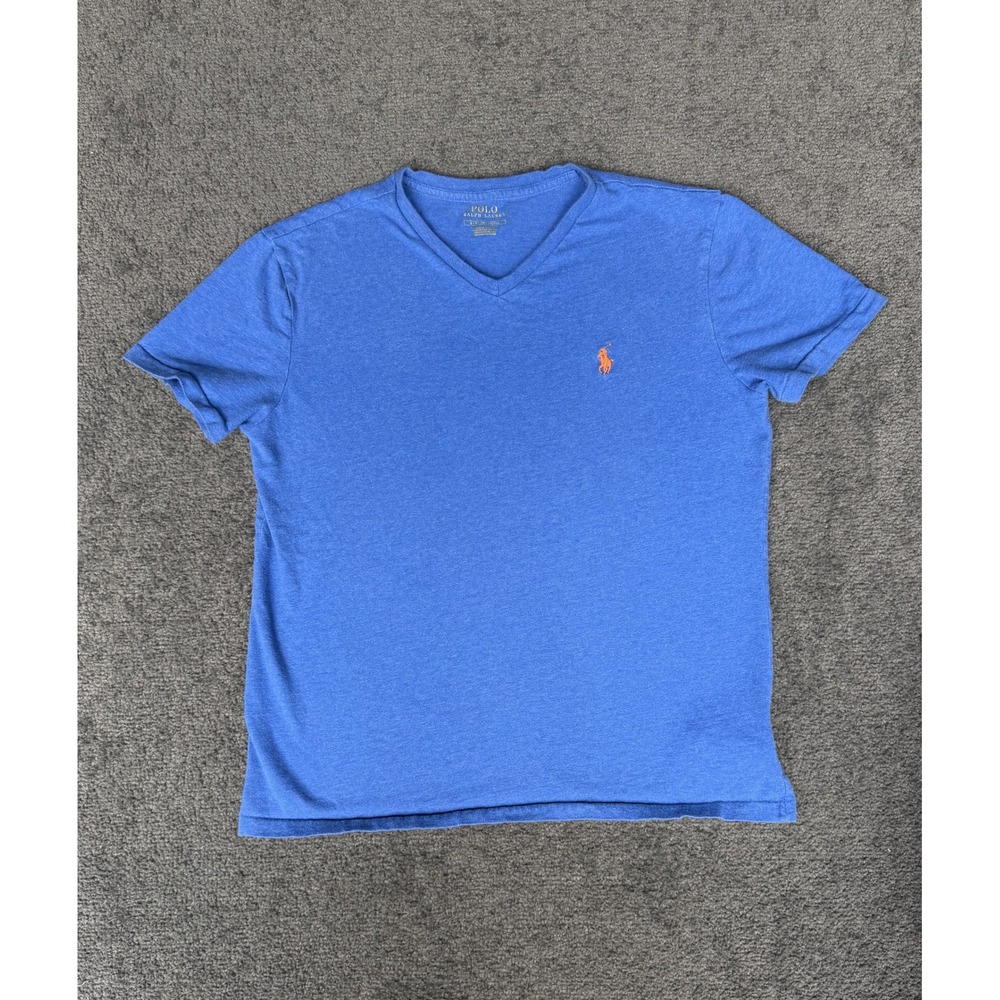 Polo Ralph Lauren Mens V-Neck T-Shirt Blue Heathered Cotton Orange Pony Small